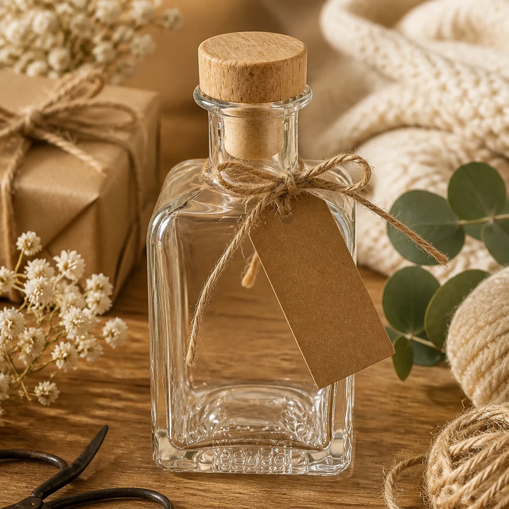200ml Glasflasche "Clara" mit Holzgriff-Korken UNiTWIST 200ml Glasflasche Clara mit Kraftpapier-Anhänger Holzkorken Geschenkverpackung natürliche Materialien Vintage-Stil