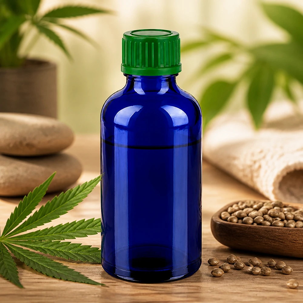 50ml koboltinsininen lasipullo, jossa on uritettu vihreä korkki tuotteen turvallista säilytystä varten.