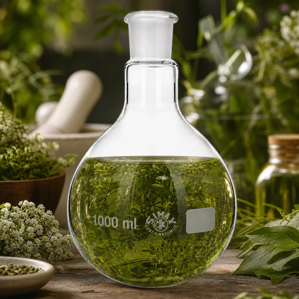 Lasipullo 1000ml, jossa on yrttiuutetta ja ammattimaisesti jauhettua liitosta kasvitieteelliseen laboratoriotyöhön.