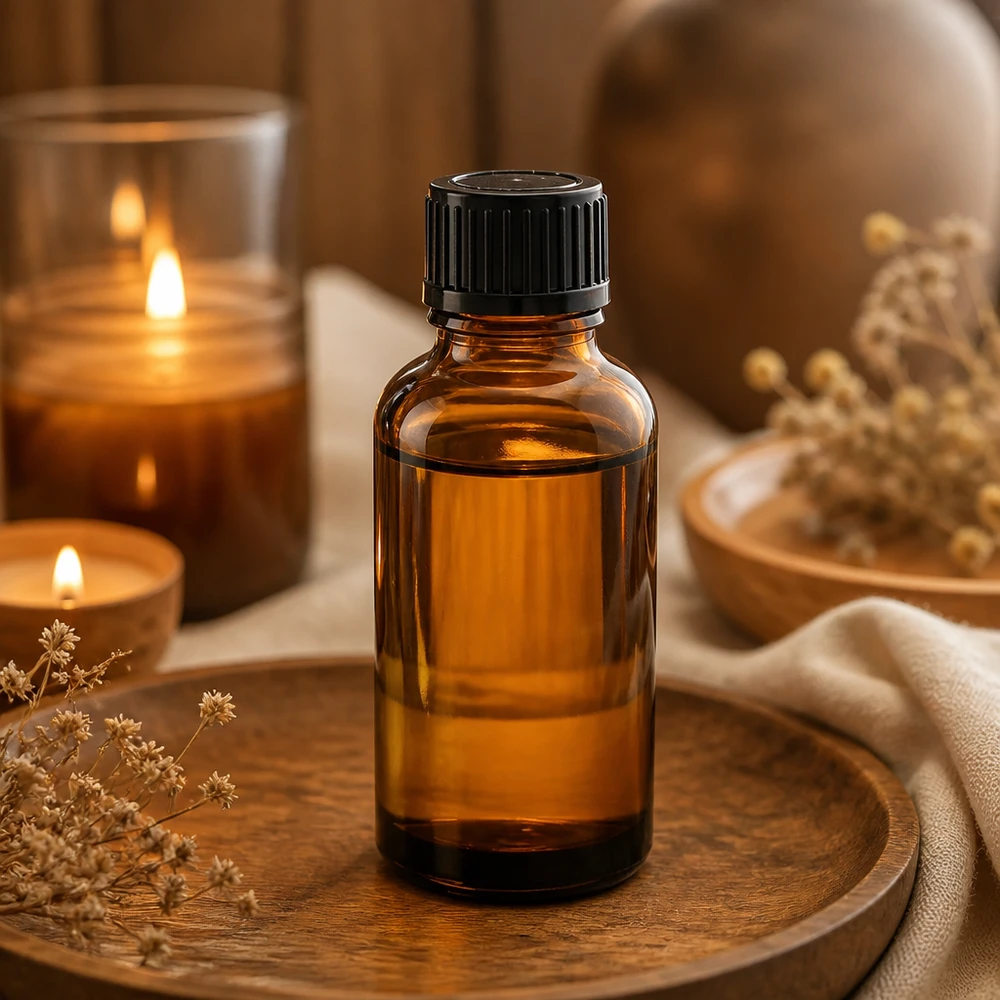 Tumma lasipullo 30ml mustalla korkilla suojaa valoherkkiä öljyjä UV-säteilyltä.