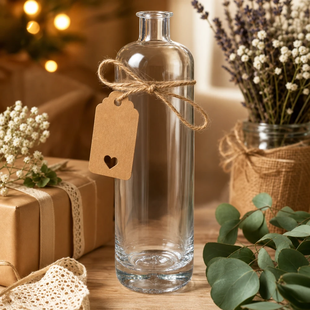 700ml Glasflasche "Eleganz" ohne Verschluss UNiTWIST® 700ml Glasflasche Ella dekorativ arrangiert mit Geschenkanhänger Juteschnur und getrockneten Blumen als Geschenkidee
