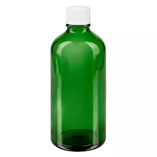 Apteekkipullo vihreä 100ml ruuvikorkki valkoinen pallokorkki standardi Apteekkipullo vihreä 100ml ruuvikorkki valkoinen pallokorkki standardi