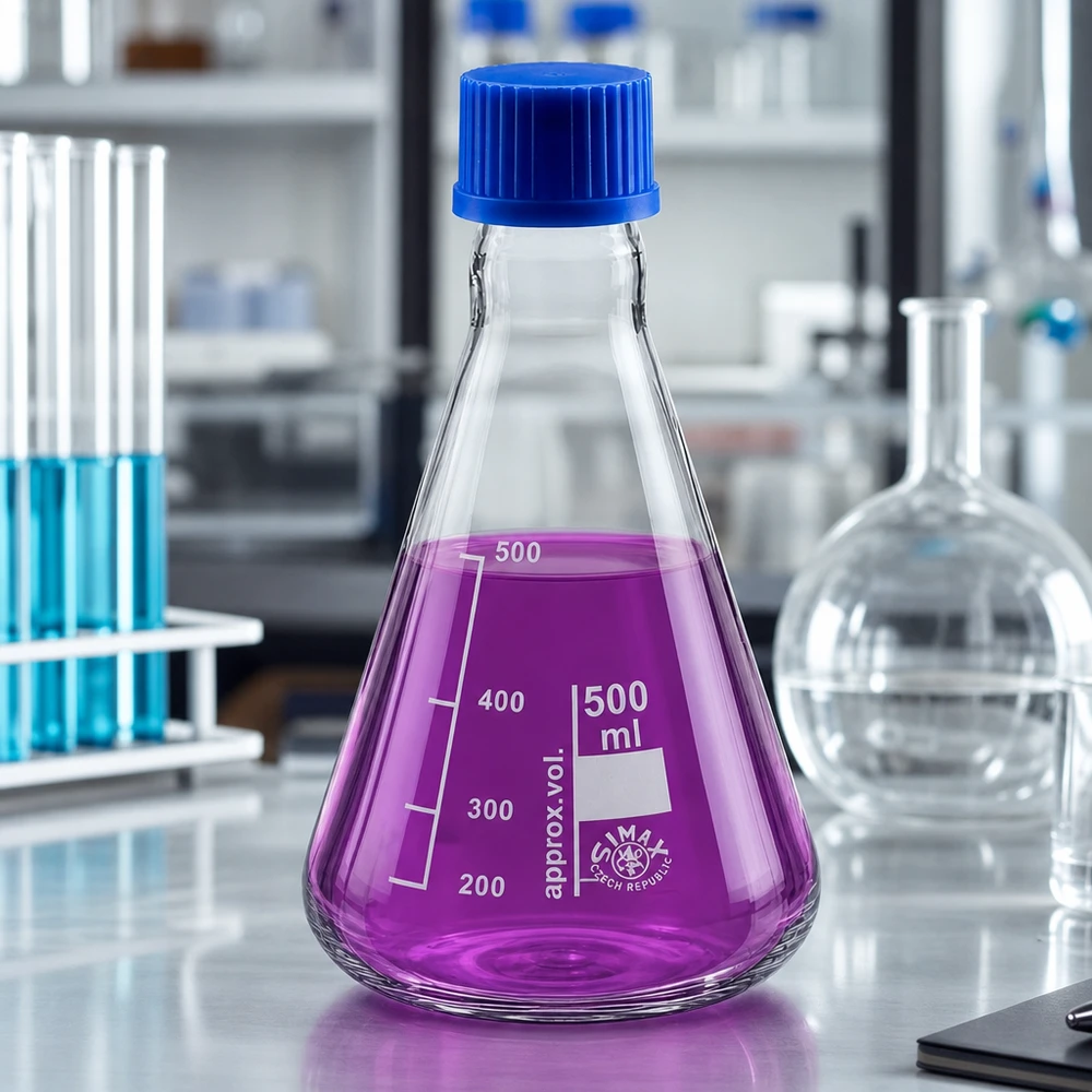 Erlenmeyer-pullo 500ml, jossa on kierrekorkki Erlenmeyer-pullo 500ml kuumuutta kestävää borosilikaattilasia, jossa asteikkoasteikko