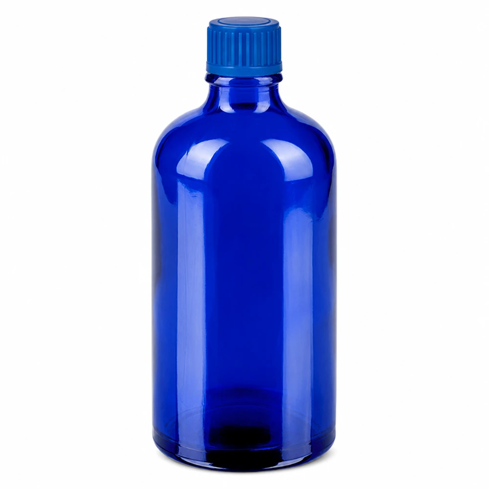 Sininen lasipullo 100ml, jossa on kierrekorkki kosmetiikkaan ja farmaseuttisiin tuotteisiin.