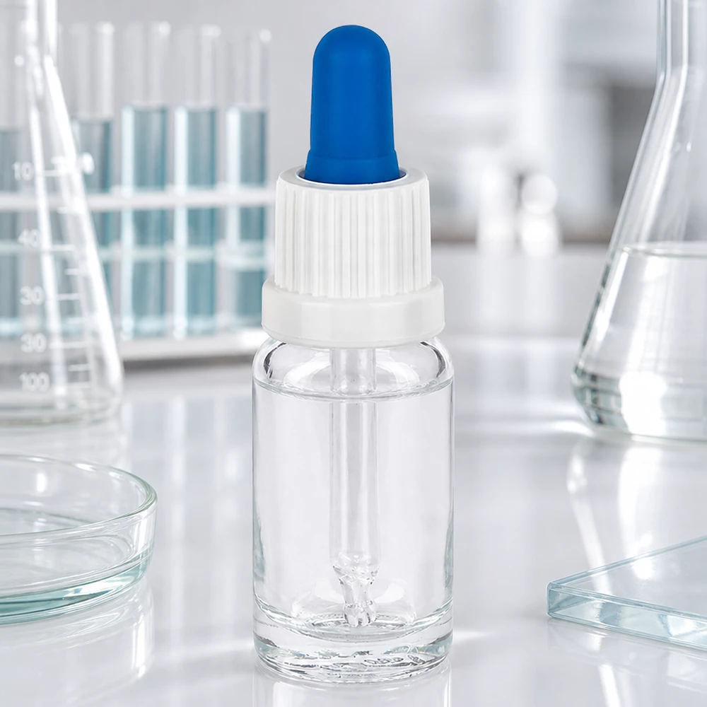 10ml pipettipullo valkoinen/sininen sulkeminen väärentämisen estävällä sulkimella ClearLine UT18/10. 10 ml:n kirkaslasinen pipettipullo laboratoriossa, jossa on koeputkia, dekantterilaseja ja petrimaljoja