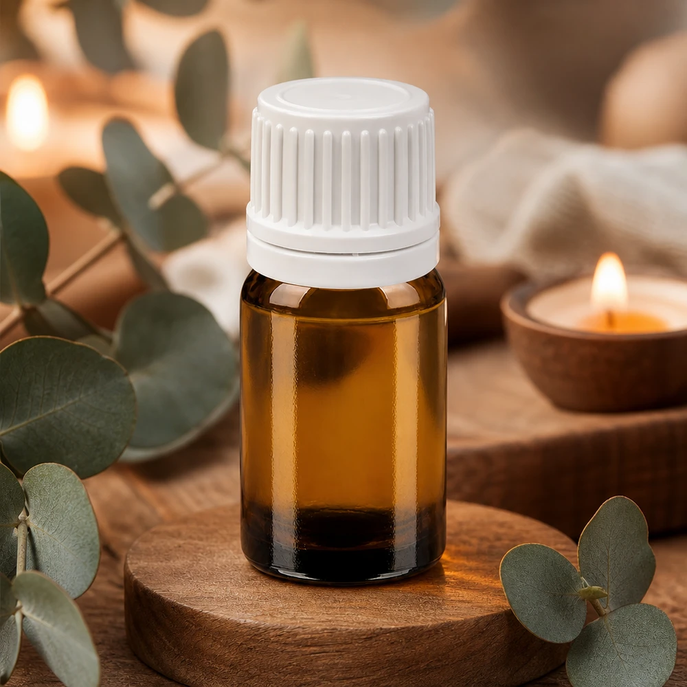 Pieni 5ml meripihkanvärinen lasipullo valkoisella korkilla aromaterapiaa ja eteerisiä öljyjä varten.