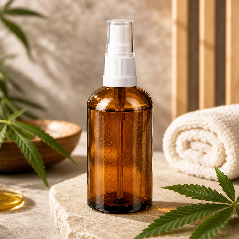 Käytännöllinen 100ml suihkepullo UV-suojattua meripihkanväristä lasia luonnolliseen ihonhoitoon ja hyvinvointiin.