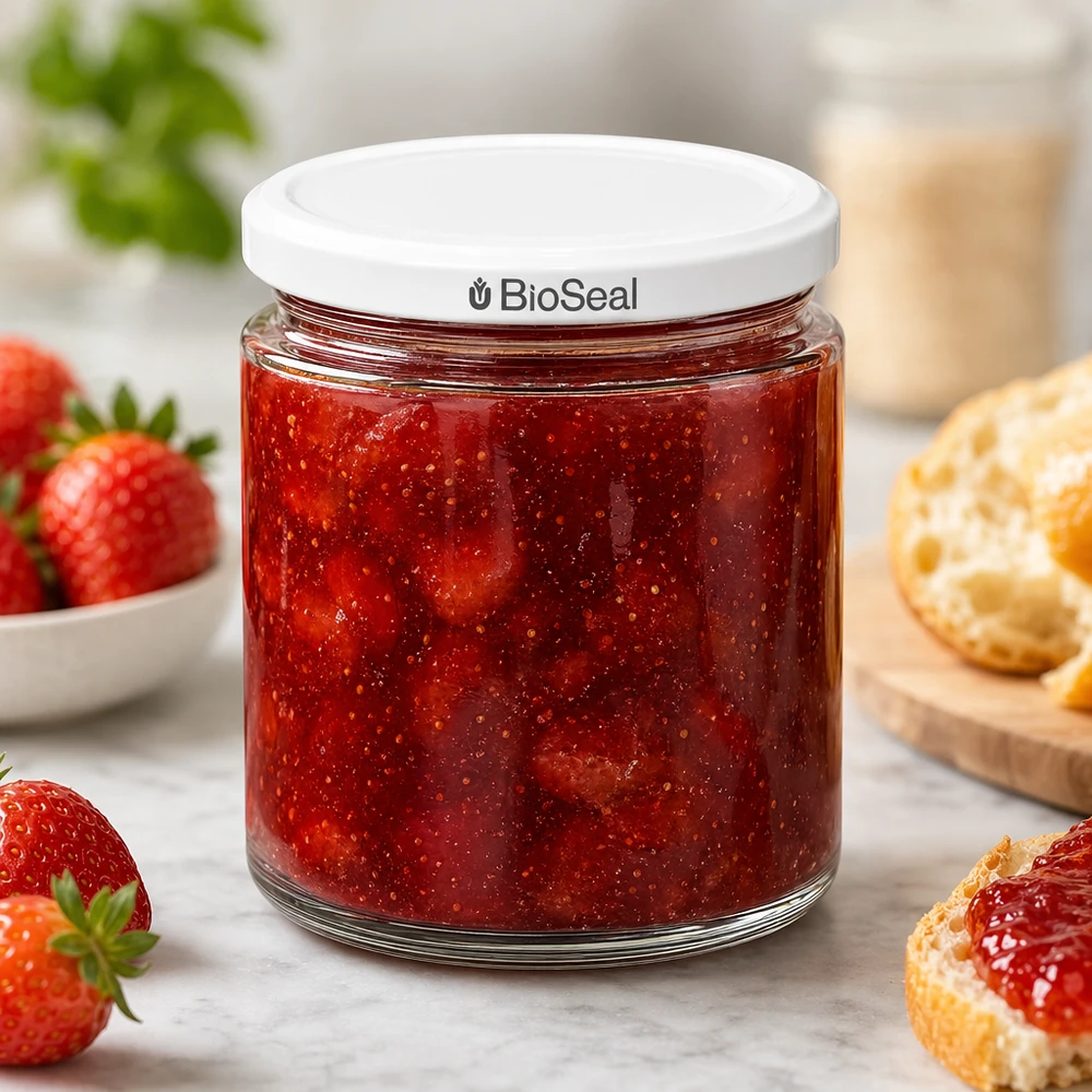 350g Honigglas + BioSeal Deckel weiß UNiTWIST 250ml hunajapurkki BioSeal UNiTWIST täytettynä kotitekoisella mansikkahillolla, joka tarjoillaan tuoreiden mansikoiden ja sämpylöiden kanssa.