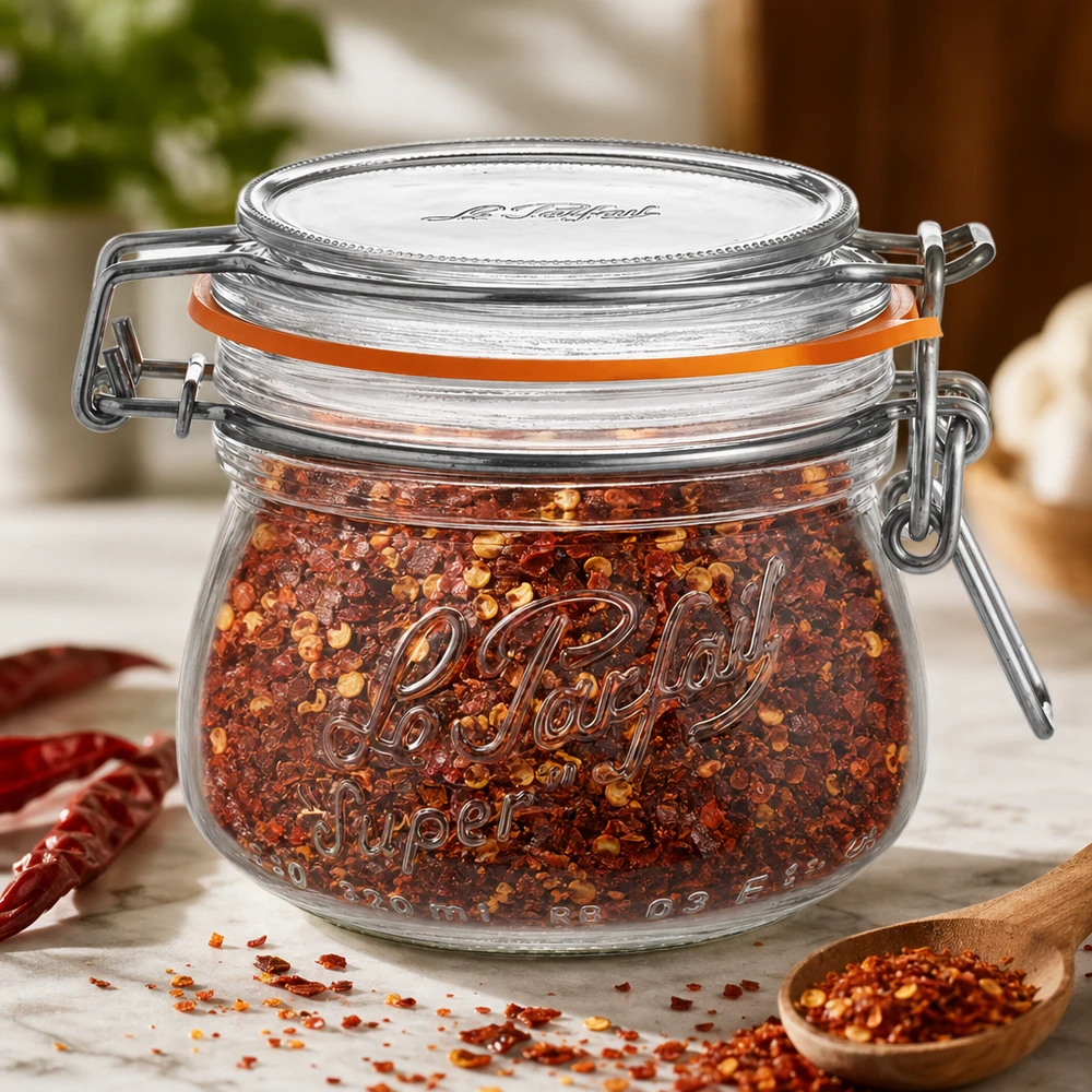 250ml Vorratsglas "Super" mit Bügelverschluss Le Parfait® 250ml Le Parfait -säilytyspurkki super, jossa on heilurikorkki ja joka on täytetty chilimausteseoksella puupöydällä.