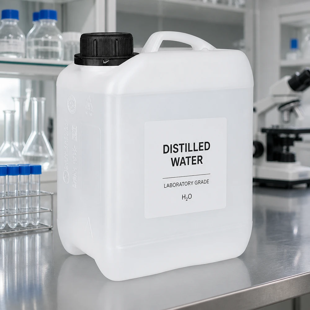 2,5 litran valkoinen HDPE-laboratoriokanisteri, jossa on musta OV-korkki, tislatulle vedelle