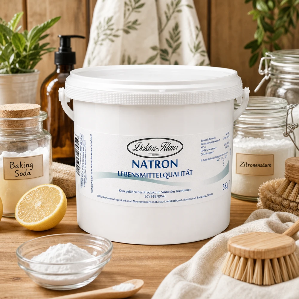 Natron Doktor Klaus 5kg ympäristöystävällinen puhdistusaine sitruunan ja leivinjauheen vieressä puupöydällä.