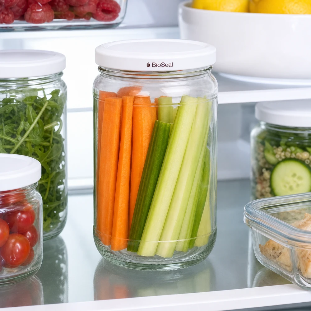 305ml pyöreä purkki + BioSeal-kansi valkoinen UNiTWIST UNiTWIST Runda305 im Kühlschrank mit frischen Karottensticks und Sellerie - optimale Gemüse-Frischhaltung dank BioSeal