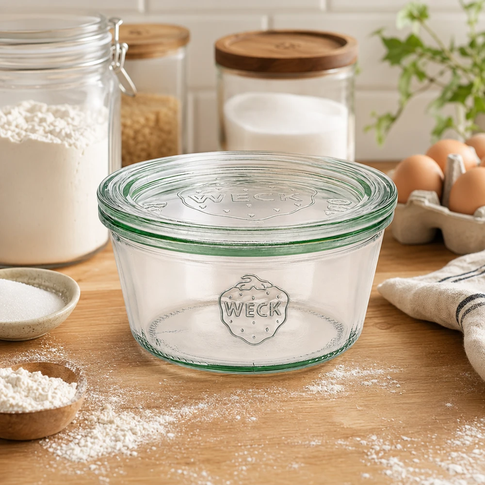 WECK 290ml RR100 tumblers keittiössä jauhojen, munien ja säilytyspurkkien kanssa leivontatarvikkeina ja säilytysratkaisuna.