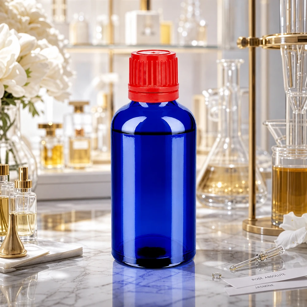 Kompakti 50ml pullo tyylikkäässä sinisessä värissä ja punaisella SV-korkilla 11mm OV BlueLine UT18/50