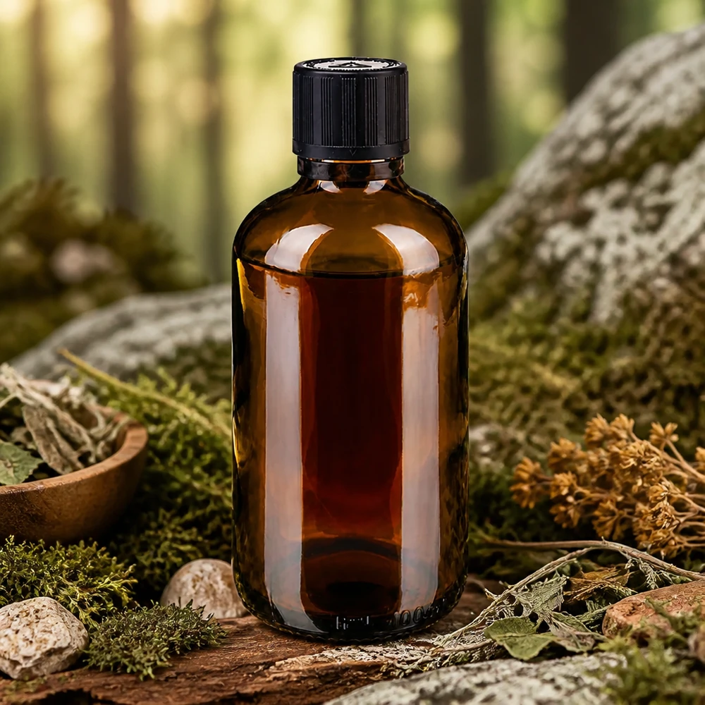 100 ml:n ruskealasiinen tiputuspullo, jossa on musta alkuperäiskorkki, sammalen päällä metsän lääkekasvien keskellä
