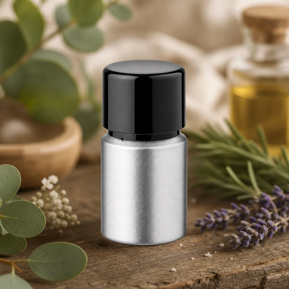 10ml petsattu alumiinipullo, jossa on kierrekorkki Laadukas värjätty 10ml alumiinipullo - tyylikäs hopeinen muotoilu ja käytännöllinen musta kierrekorkki.