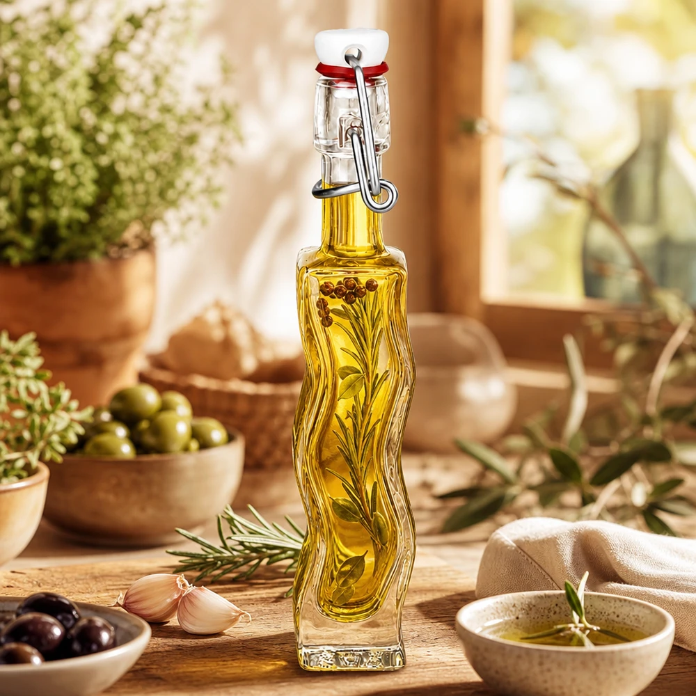 40ml lasipullo Anna täynnä yrttiöljyä, Välimeren koristelu oliiveilla ja rosmariinilla puupöydällä.