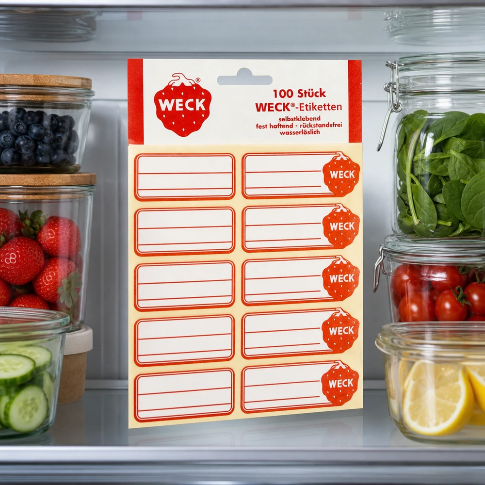 WECK-tarrat 19 x 13 mm (100 kpl:n pakkaus) WECK Etiketten im Kühlschrank zwischen Vorratsgläsern mit Obst Gemüse zeigen praktische Küchen-Organisation