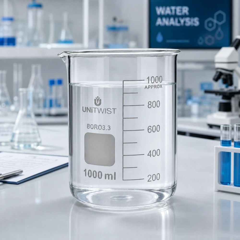 Lasi 1000ml borosilikaatti, matala muotti UNiTWIST UNiTWIST-lasikulho 1000 ml, borosilikaattia, matala malli, jossa on vettä analyysilaboratoriossa