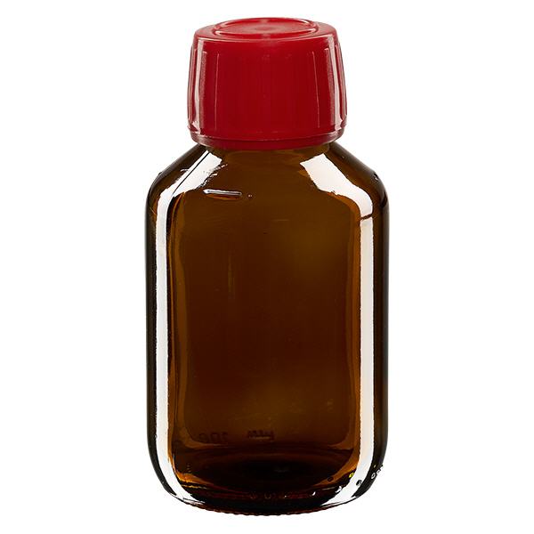 100ml lääkepullo ruskea, punainen korkki, jossa peukaloinninestosormus ApoGlas 100ml lääkepullo ruskea, punainen korkki, jossa peukaloinninestosormus ApoGlas