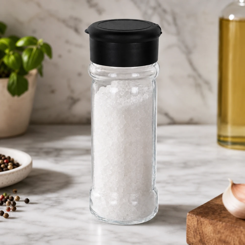 100 ml:n maustepurkki, joka on täytetty karkealla merisuolalla ja varustettu mustalla ripottelukannella, marmorialustalla