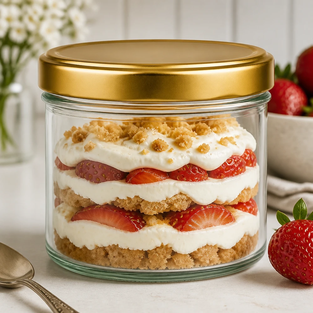 230ml sylinteripurkki + BasicSeal-kansi kultainen UT. 230ml Zylinderglas mit goldenem BasicSeal Deckel als schickes Dessertglas für geschichtetes Erdbeer-Trifle Nachtisch