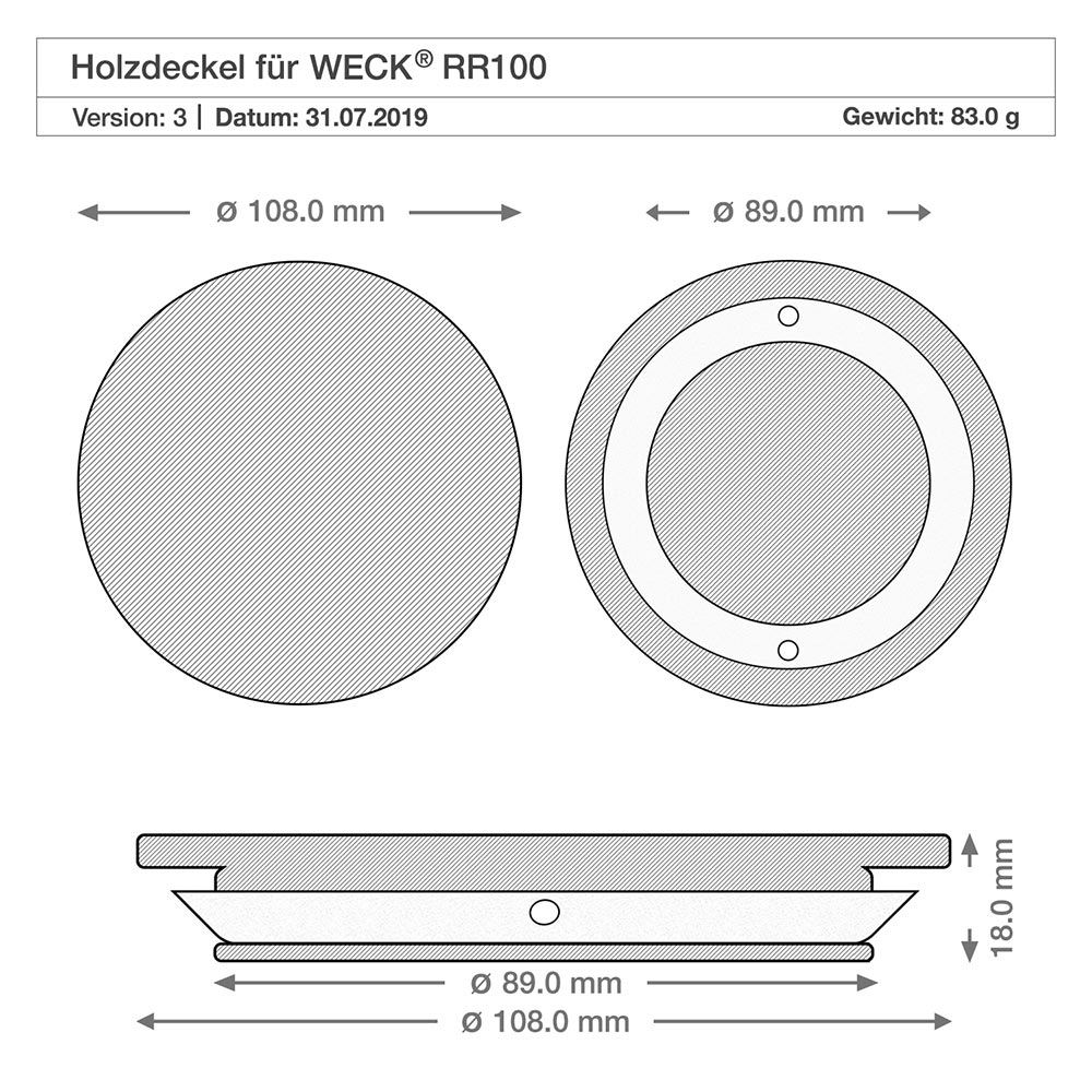 370ml juomalasit WECK RR100, joissa on puukansi Tekninen piirustus puukannesta WECK RR100 -purkkiin, jonka mitat ovat 108mm 89mm 18mm halkaisija Korkeus Tekniset tiedot