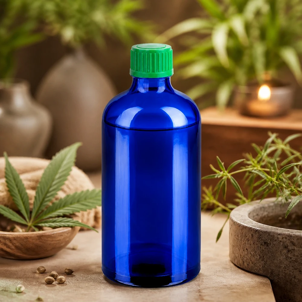 Laadukas sininen tippapullo 100ml lasista, jossa on ympäristöystävällinen vihreä korkki luonnontuotteille.