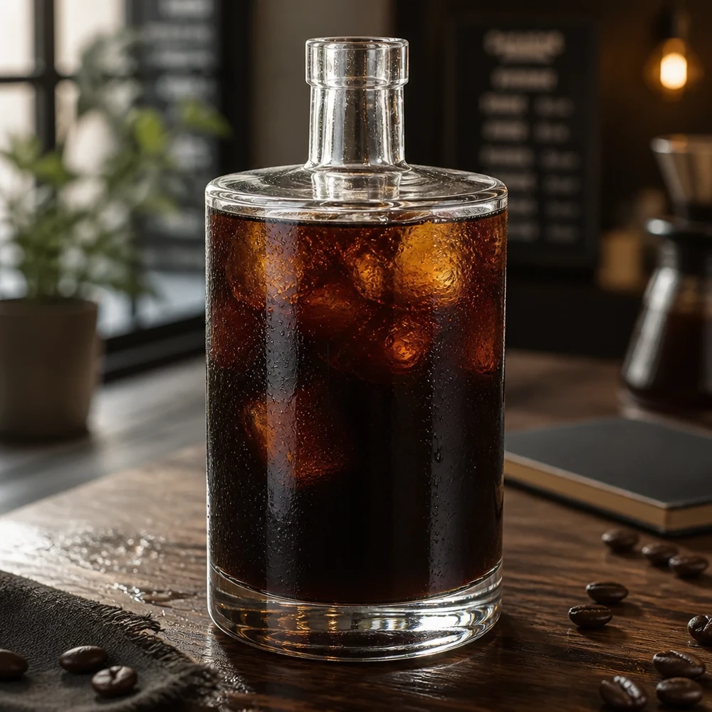 700ml Glasflasche "Galileo" ohne Verschluss UNiTWIST® 700 ml:n Marie-lasipullo, joka on täytetty kylmäkahvilla ja jääkuutioilla puupöydällä, jossa on kahvipapuja kahvilassa.