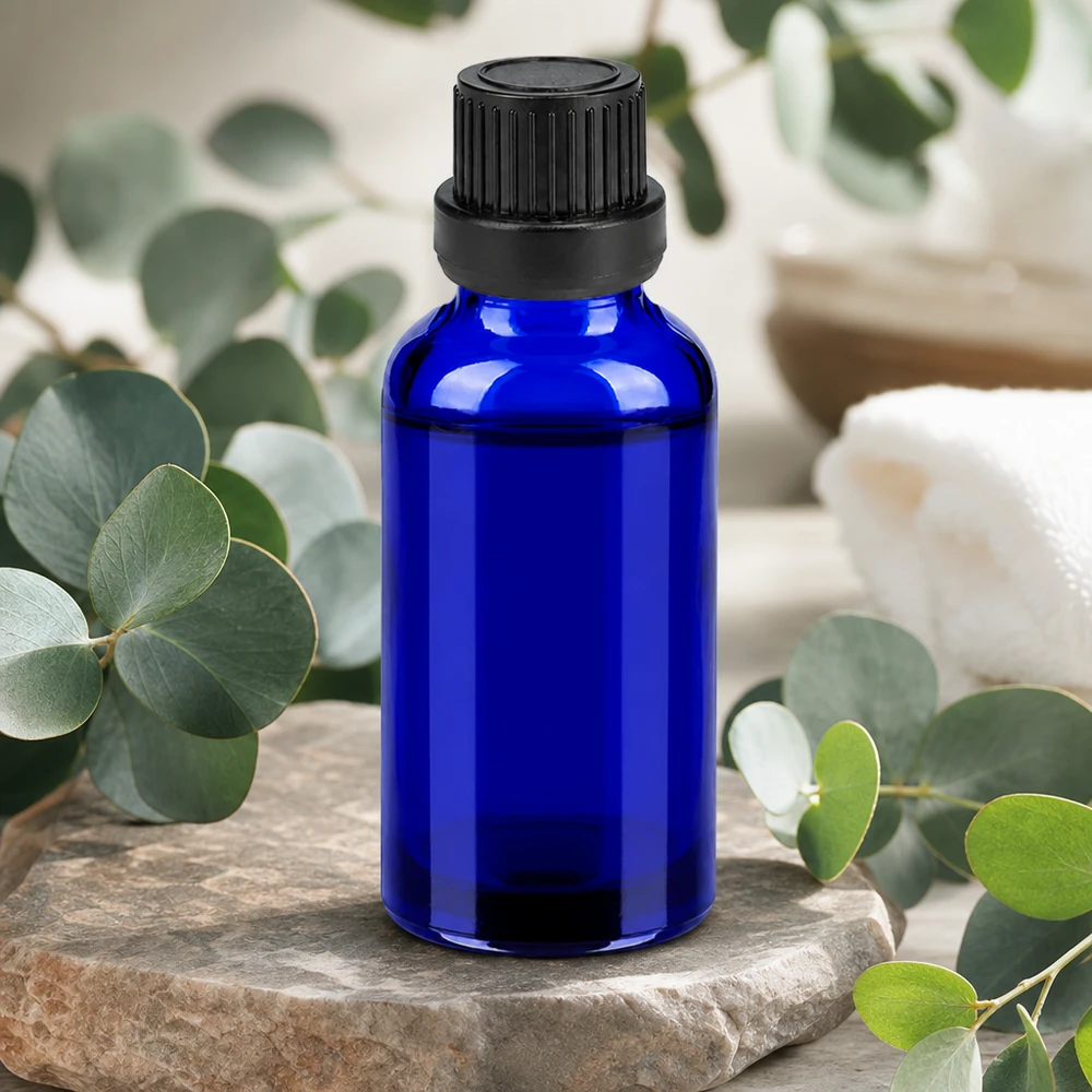 30ml pullo 11mm kierrekorkki musta väärentämisen estävä korkki BlueLine UT18/30 30ml pullo on valmistettu korkealaatuisesta kobolttilasista, jossa on musta kierrekorkki aromaterapiaa varten.