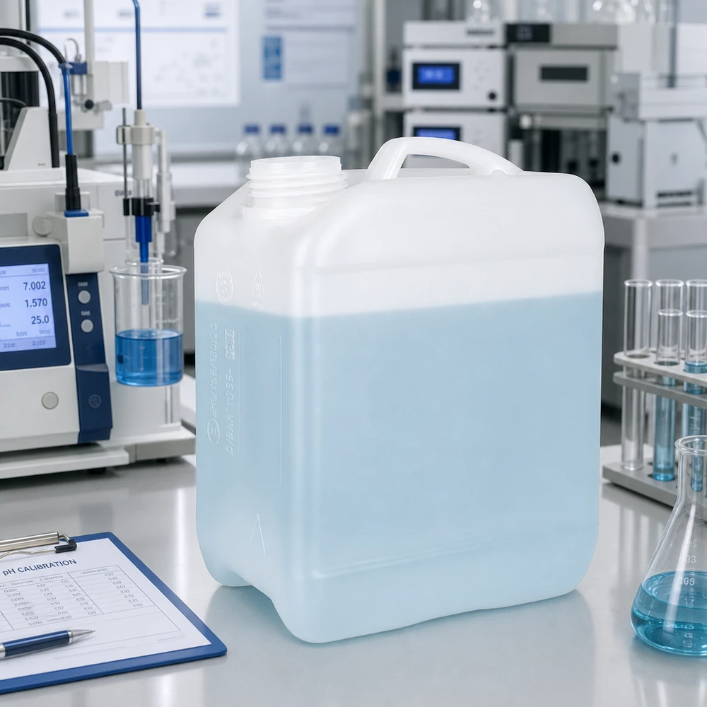Läpinäkyvä 2,5 litran muovikanisteri, jossa on vaaleansinistä nestettä laboratorioympäristössä