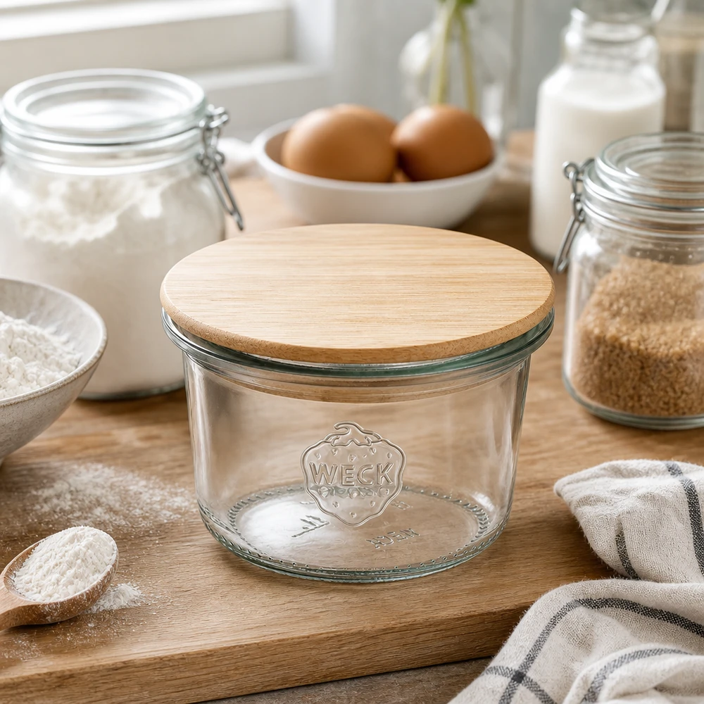 80ml WECK RR60 -mukit, joissa on puukansi. WECK juomapullot 80ml RR60 bambukannella puulauta ympäröi leivonta-aineet jauhot munat ja maito modernissa keittiössä.