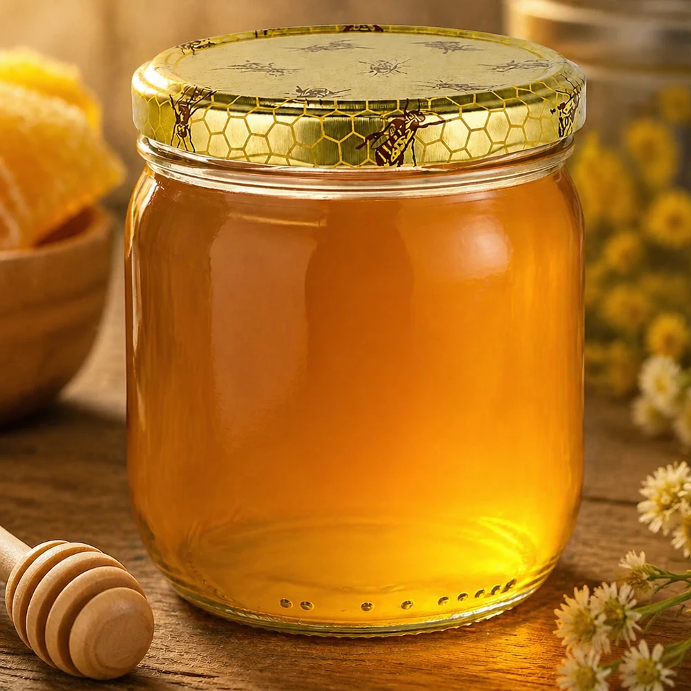 500g Honigglas mit goldenem Honig gefüllt neben Honiglöffel und Blüten auf rustikalem Holztisch arrangiert