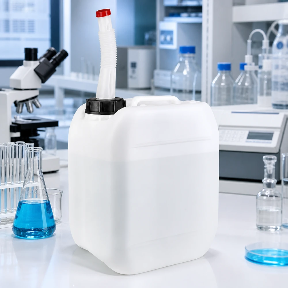 Elintarvikekäyttöön sopiva 5 litran HDPE-kanisteri, jossa on taipuisa kaatonokka, ammattikäyttöön laboratorioissa