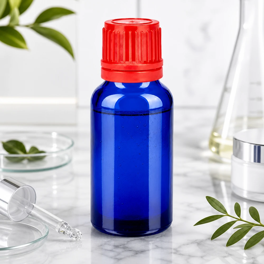 Kompakti 20 ml:n laboratoriopullo koboltinsinisellä, lapsiturvallisella punaisella kierrekorkilla varustettuna.