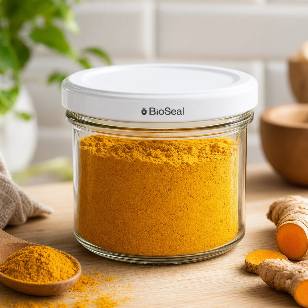 125ml juomapullot valkoisella BioSeal-kannella UNiTWIST UNiTWIST tumblers 125ml mausteiden säilytys kurkuma jauhe keittiö kohtaus TO66 BioSeal kansi valkoinen lasi