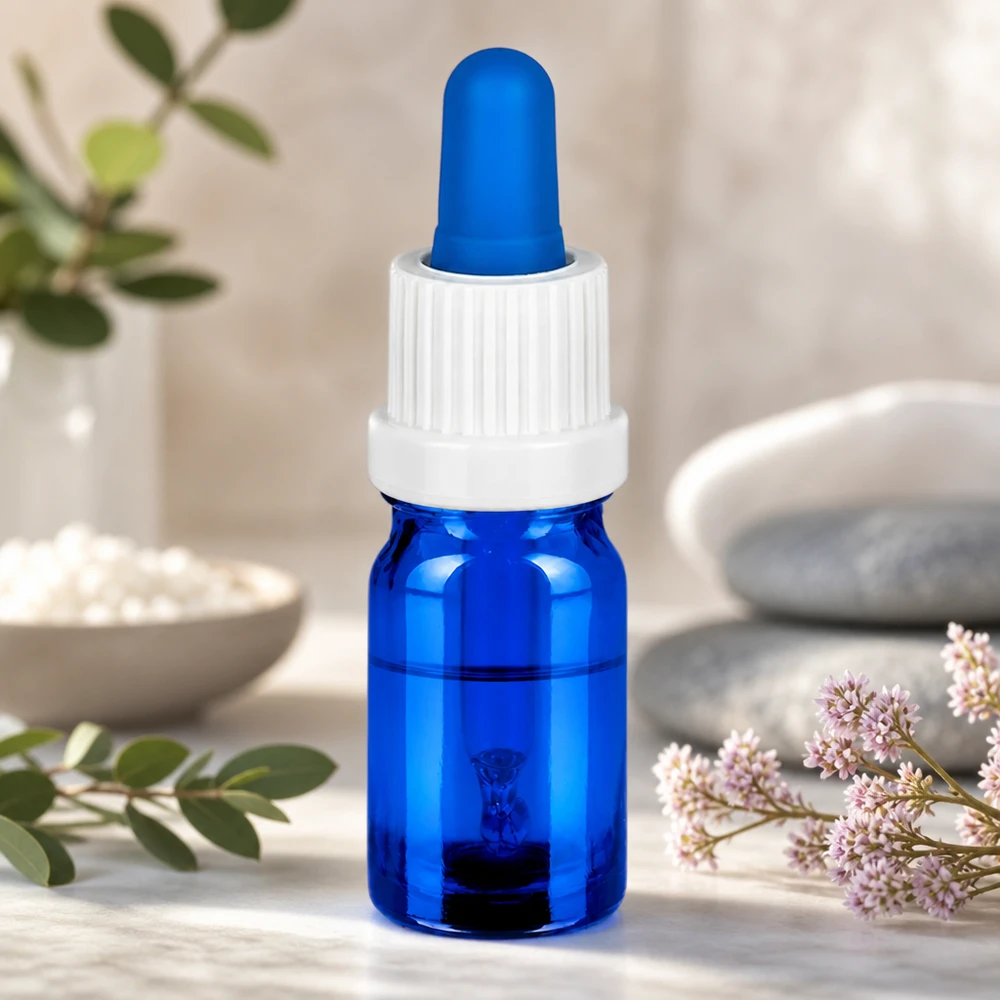 5ml pipettipullo valkoinen/sininen sulkeminen väärentämisen estävällä sulkimella BlueLine UT18/5 BlueLine UT18/5 Ammattimainen 5ml tippapullo sinisellä lasilla ja valkoisella korkilla aromaterapiaöljyille.