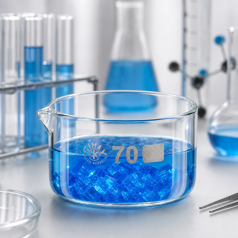 100ml kiteytysastia, jossa on suulake borosilikaatti ø70mm Simax-kiteytysastia (100 ml), jossa on sinistä nestettä ja kiteitä, laboratoriotyötasolla