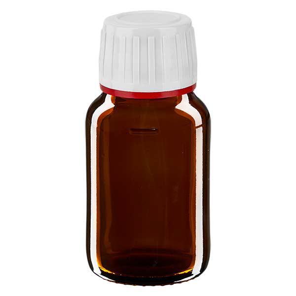 30ml lääkepullo ruskea, korkki valkoinen, jossa on peukaloinnin estävä rengas punainen ApoGlas 30ml lääkepullo ruskea, korkki valkoinen, jossa on peukaloinnin estävä rengas punainen ApoGlas