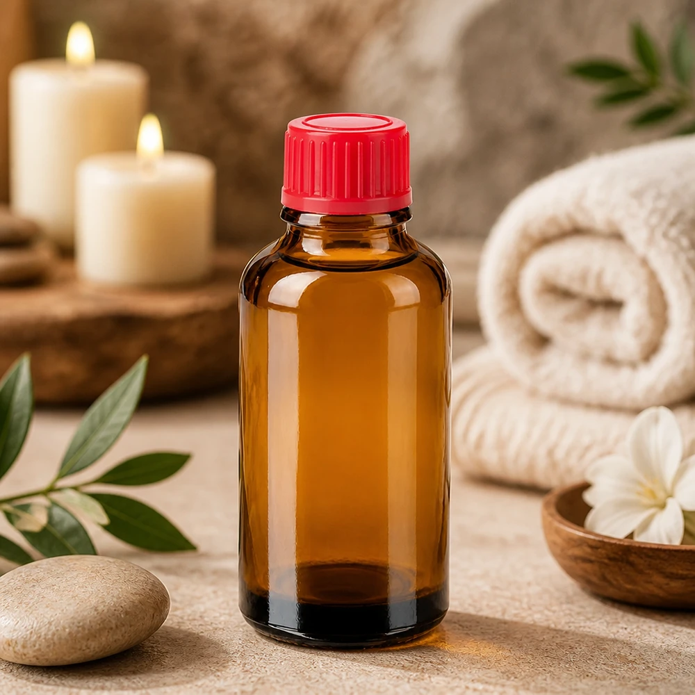 Pieni 30 ml:n lasipullo lämpimän meripihkanvärinen, ihanteellinen kosmetiikkaan ja hoitotuotteisiin.
