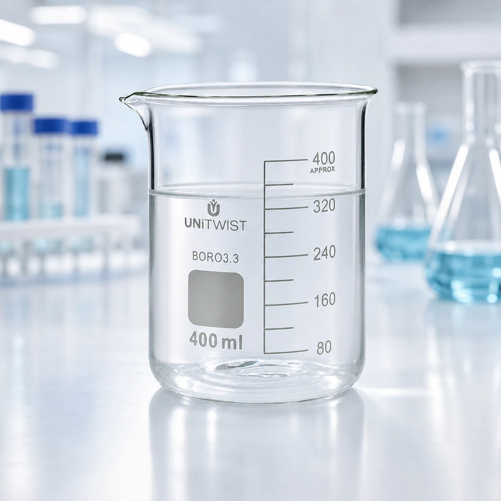 400 ml borosilikaattilasi, matala muotti UNiTWIST UNiTWIST-lasikulho 400 ml, borosilikaattilasia 3.3, kaatimella ja valkoisilla laboratoriotarvikkeilla taustalla