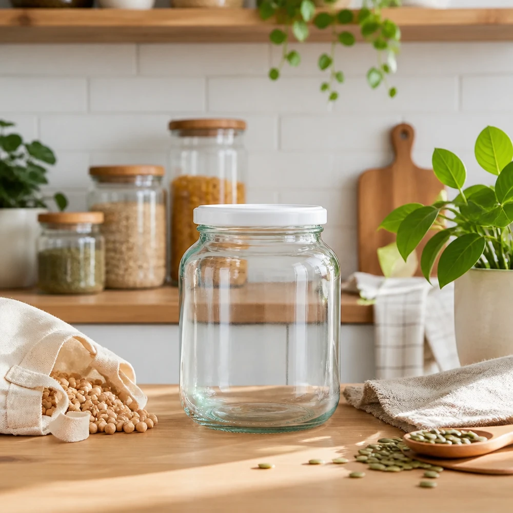 370ml soikea purkki BasicSeal-kannella valkoinen UNiTWIST 370ml soikea UNiTWIST-purkki BasicSeal-kannella valkoinen kestävässä nollajätekeittiössä, jossa on palkokasveja ja kasveja.