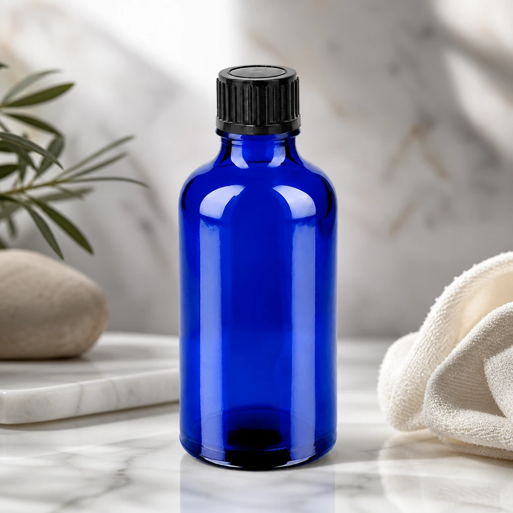 50ml pullo 11mm kierrekorkki musta vakio BlueLine UT18/50 Kompakti 50ml lasipullo tyylikkäässä koboltin sinisessä värissä ihanteellinen seerumeille ja esansseille.