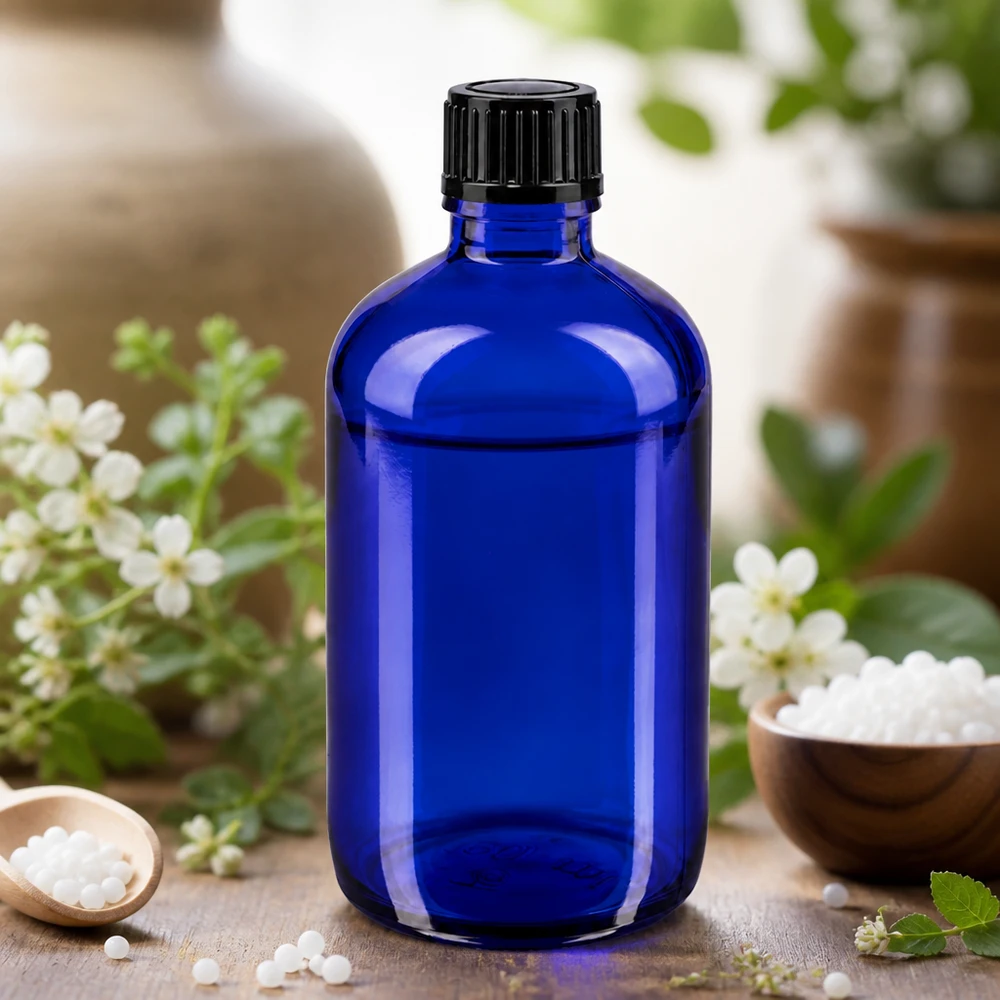 Apteekkipullo sininen 100ml tippapullo korkki 1mm musta standardi musta Koboltinsininen 100 ml:n lasipullo, jossa on 1 mm:n tiputin, yrttitaustalla ja homeopaattiset rakeet