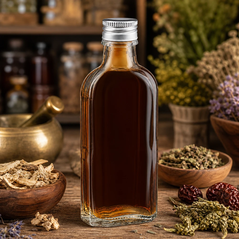 Litteä 100 ml:n Meplat-lasipullo, kirkas, hopeisella PP22-alumiinikorkilla, yrttien keskellä