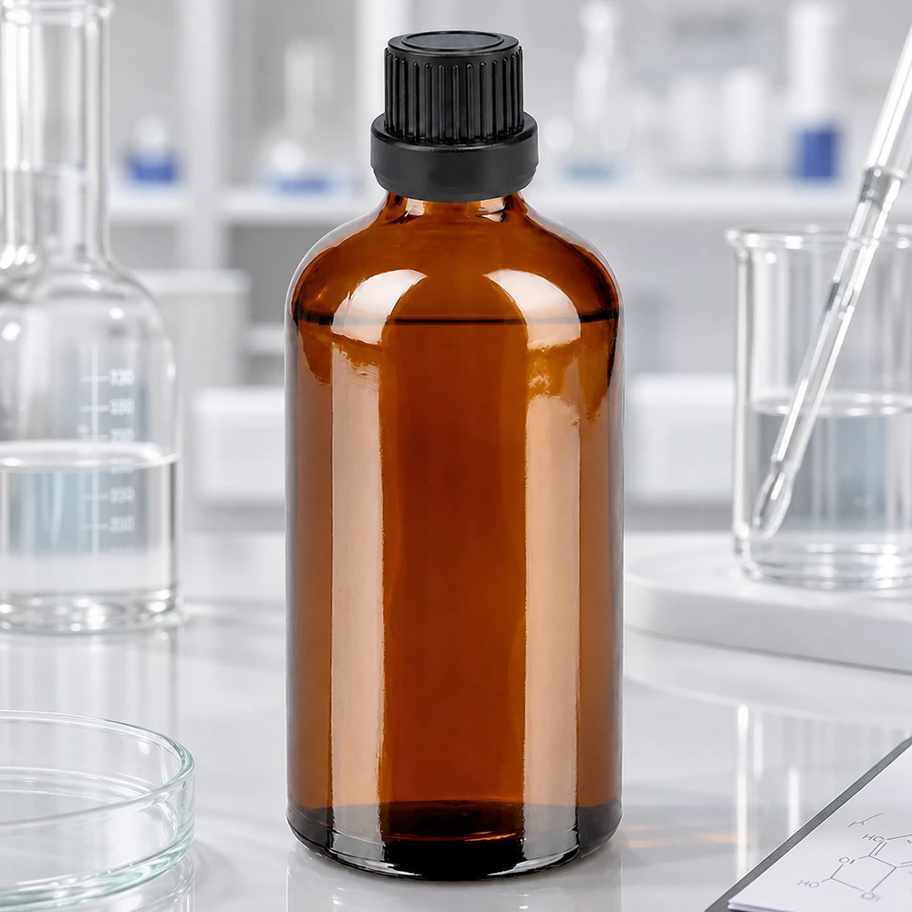 Laboratoriolaatuinen 100ml ruskea lasipullo, jossa on 2mm tippa-aukko vaikuttavien farmaseuttisten aineiden tarkkaa annostelua varten.