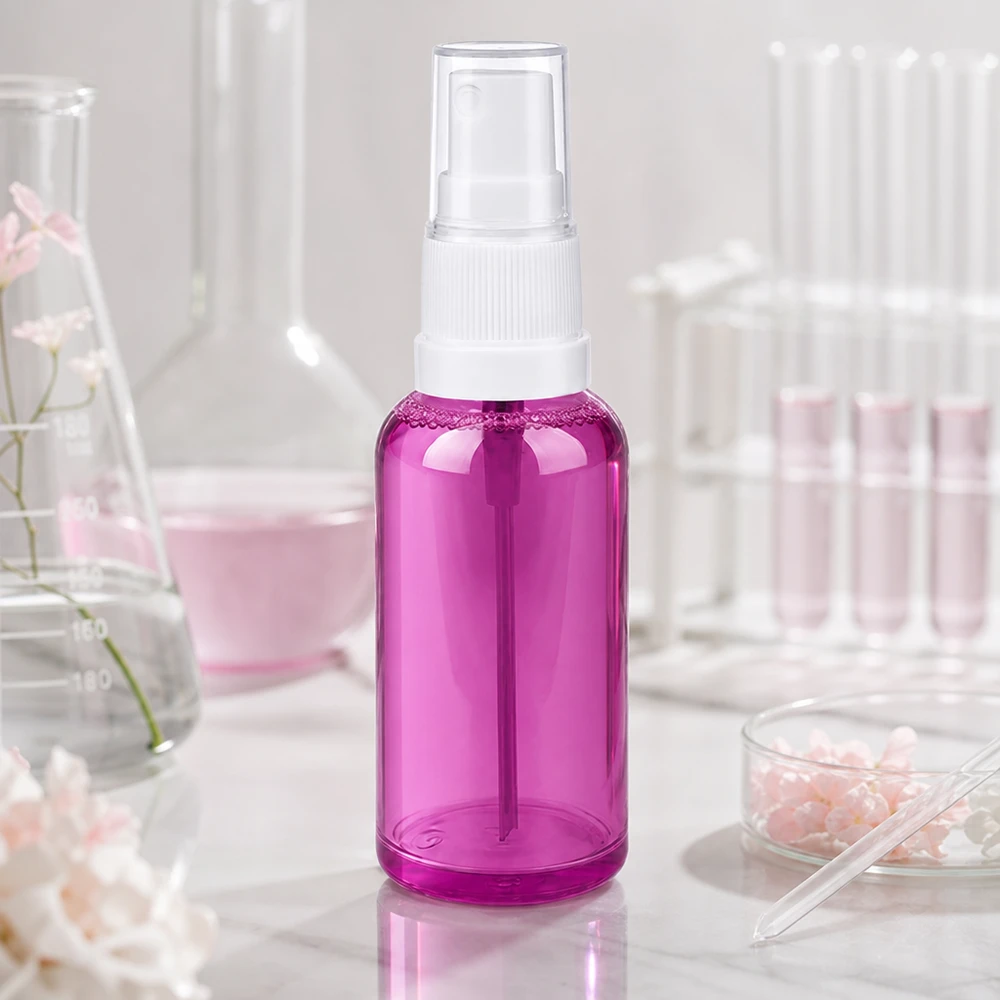Pieni 50 ml:n läpinäkyvä violetti muovinen suihkepullo, jossa on käytännöllinen suihkutuslisäosa