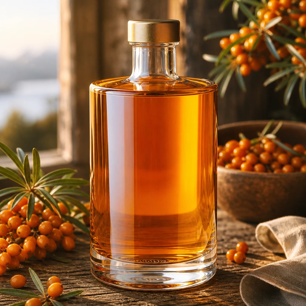 375ml Glasflasche "Sam" + Schraubverschluss gold UNiTWIST 375ml Glasflasche Sam mit goldenem Verschluss neben Sanddornbeeren dekorative Lifestyle Aufnahme Spirituosen Öle