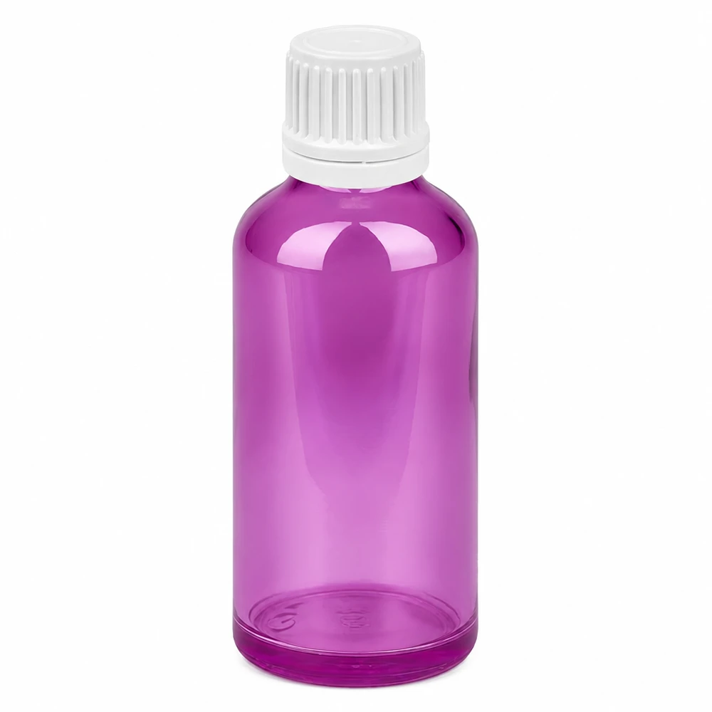 Violetti 50ml lasipullo valkoisella kierrekorkilla eteerisille öljyille ja kosmetiikalle.