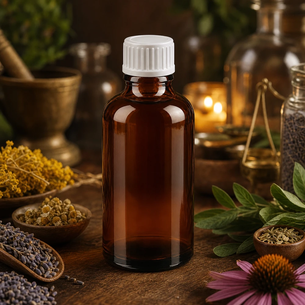 Kompakti 50ml lasipullo tippakorkilla homeopaattisille lääkkeille ja tinktuureille.